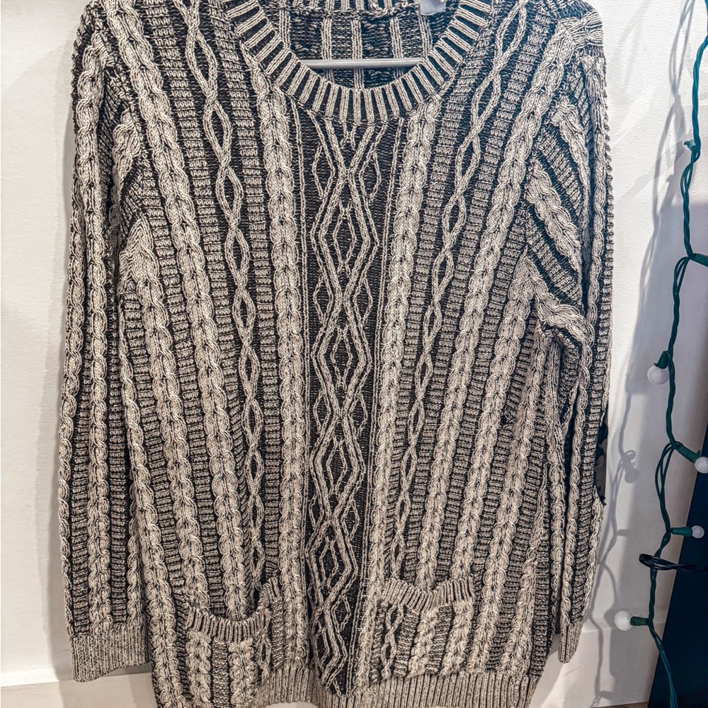 T.J.Maxx Oversize Cable Knit Crewneck Sweater with Elbow Patches - Black & Cream